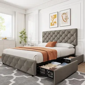Queen Size Linen Upholstered Platform Bed Frame with 4 Storage Drawers, Adjustable Headboard, Diamond Stitching & Button Tufting, No Box Spring Needed, Light Grey, Bed Frames for Queen