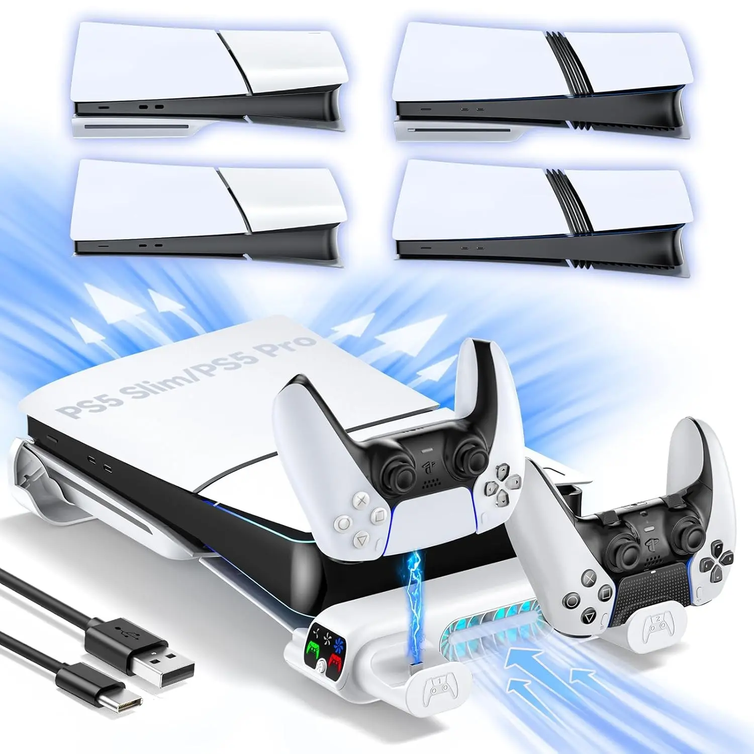 PS5 Slim-Pro Horizontal Cooling Stand with Dual Controller Charger and Adjustable Fan, Compatible with PS5 Slim/Pro (Not for 2020 Version)