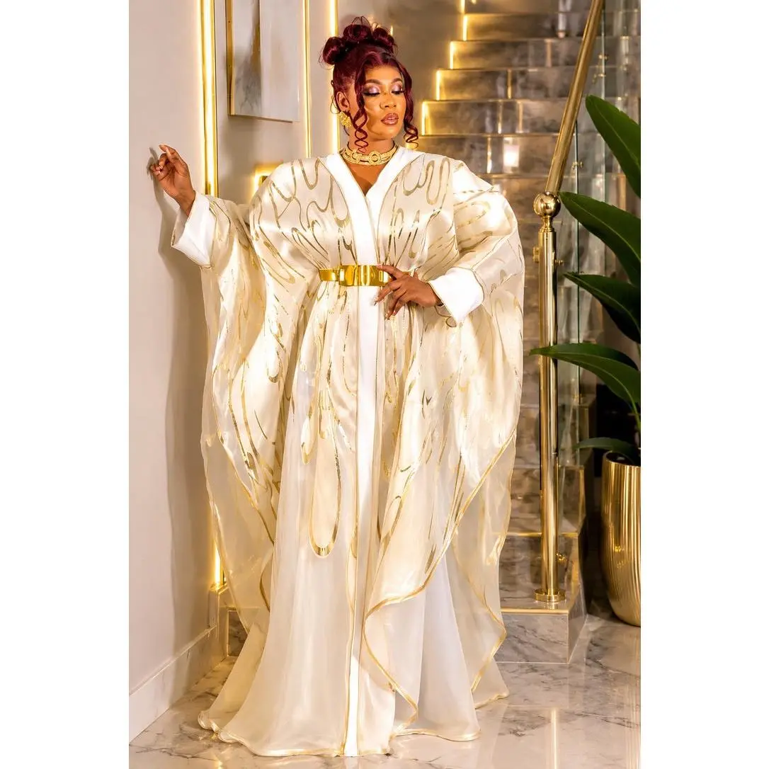 Luxury White & Gold Brocade Kaftan Maxi Dress, African Bubu Wedding Guest Attire Mother of The Groom Birthday Party 2-Piece Outfit