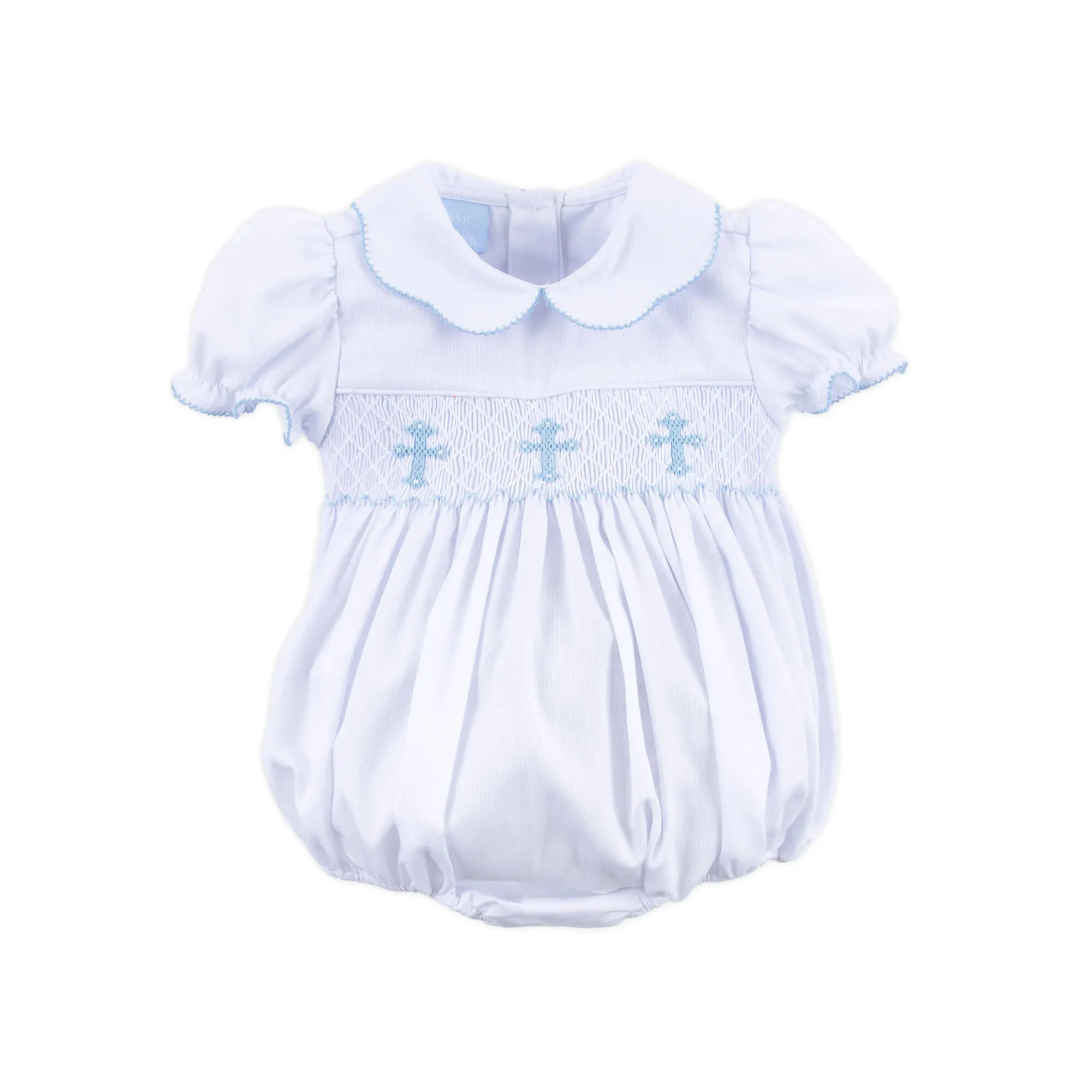 Blue Cross Smocked White Pique Collared Bubble