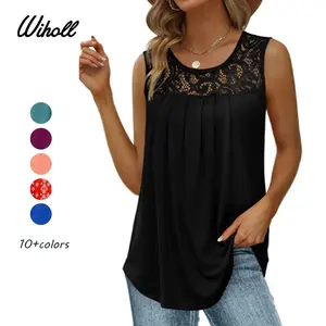 WIHOLL Summer Tank Tops for Women Loose Fit Pleated Tunics Scoop Neck Sleeveless Lace Tops Curved Hem Flowy