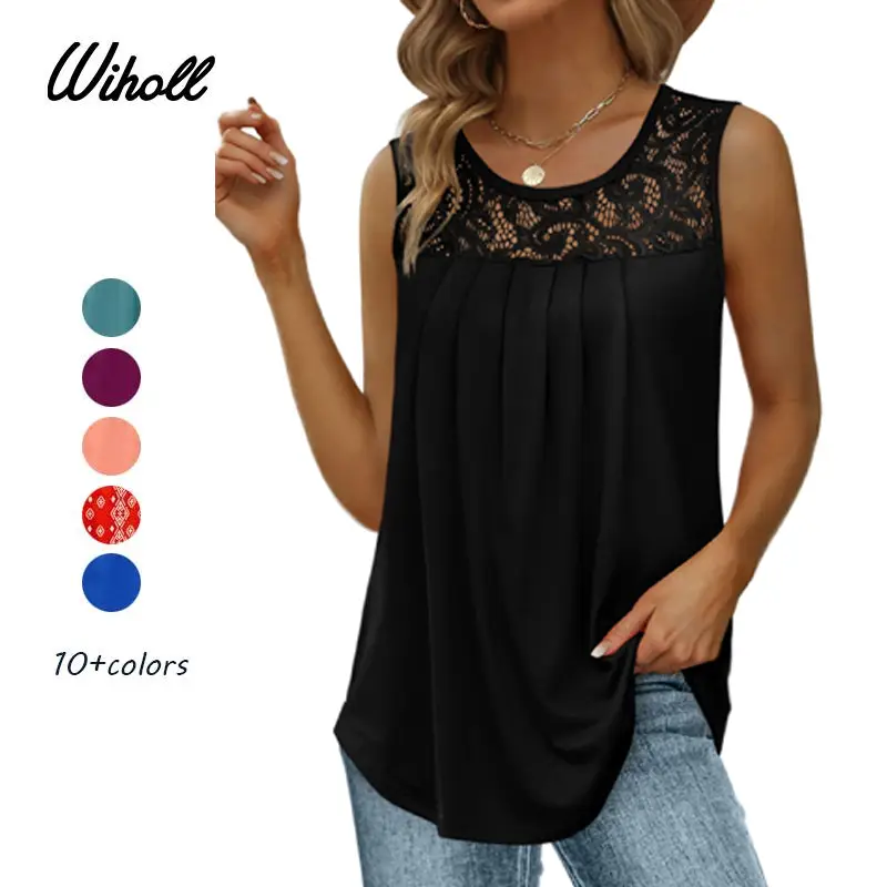 WIHOLL Summer Tank Tops for Women Loose Fit Pleated Tunics Scoop Neck Sleeveless Lace Tops Curved Hem Flowy