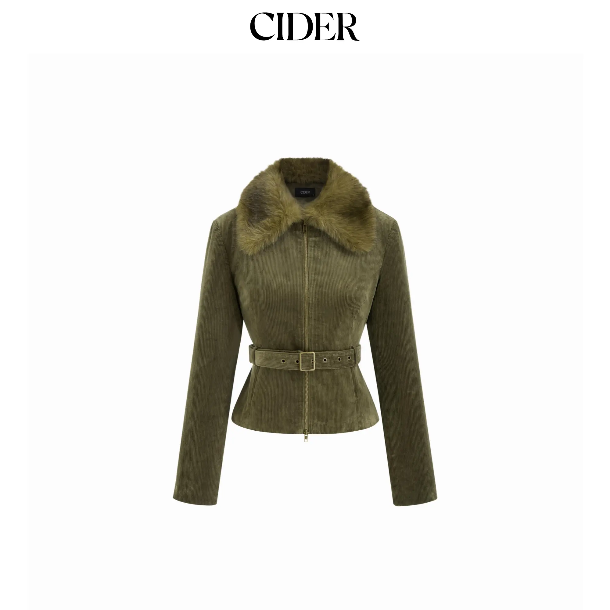 Cider Women's Casual Corduroy Jacket with Faux Fur Trim Collar, Belt, Tops & Coats, With Belt