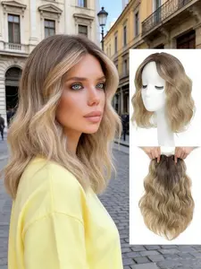 🎉12inchTransform Your Hair! Ombre Ash Blonde Wavy Clip-In Hair Topper, 100% Premium Kanekalon for Women, Natural Volume for Thinning Hair
