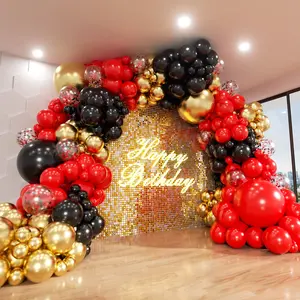 Red and Black Gold Balloons Arch Kit with 140pcs of varying sizes, including red, black, gold, and confetti balloons perfect for birthdays, weddings, graduations, anniversaries, and prom decorations