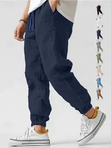 Men's casual linen straight ankle-length pants with drawstring adjustment, street style, simple long design, suitable for daily commuting and outdoor activities, 8-color linen pants for all seasons, Menswear