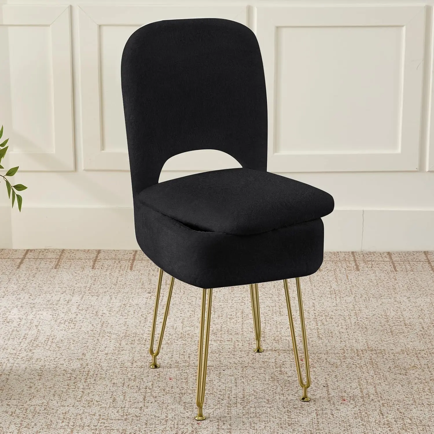 Vanity Chair with Storage and Folding Back, Faux Fur Square Storage Chair, Vanity Stool Chair with 4 Metal Legs for Bedroom, Living Room and Makeup Stations, 13.4"x 15"x 30", Black