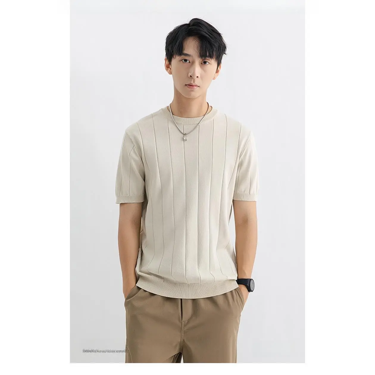 Men's Short-Sleeve Basic Knitted Tshirt - Stretch Ice Silk Polyester-Viscose Fabric, Round Neck Multicolor Casual Daily Menswear Top, Shortsleeve, Polyester Blend, Knitted Texture