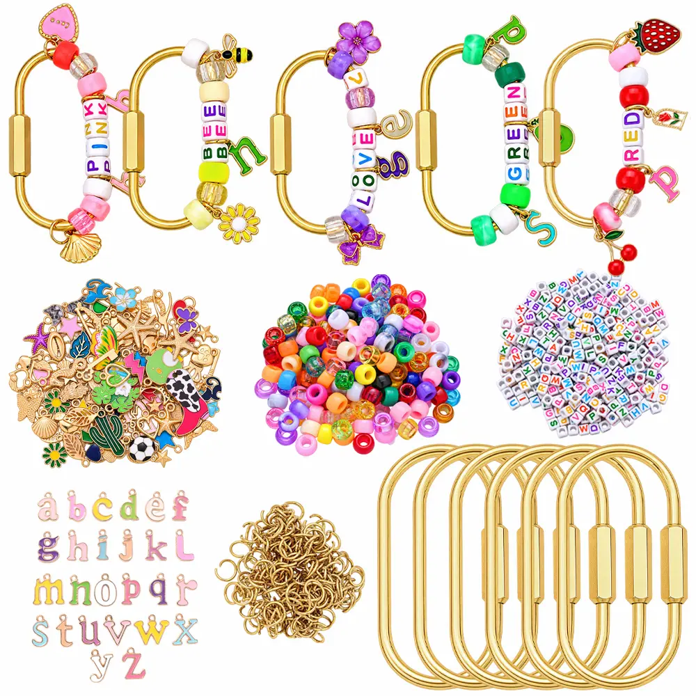 202PCS DIY Keychain Making Kit, 6 Gold Oval Keychain Clips with Alphabet Beads, Letter Charms, Colorful Pony Beads, Jump Rings & Random Charms for Bag Charms, Phone Charms & Handmade Gifts