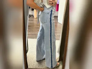 Beau Blue Contrast Stripe Frayed Side Patchwork Jeans