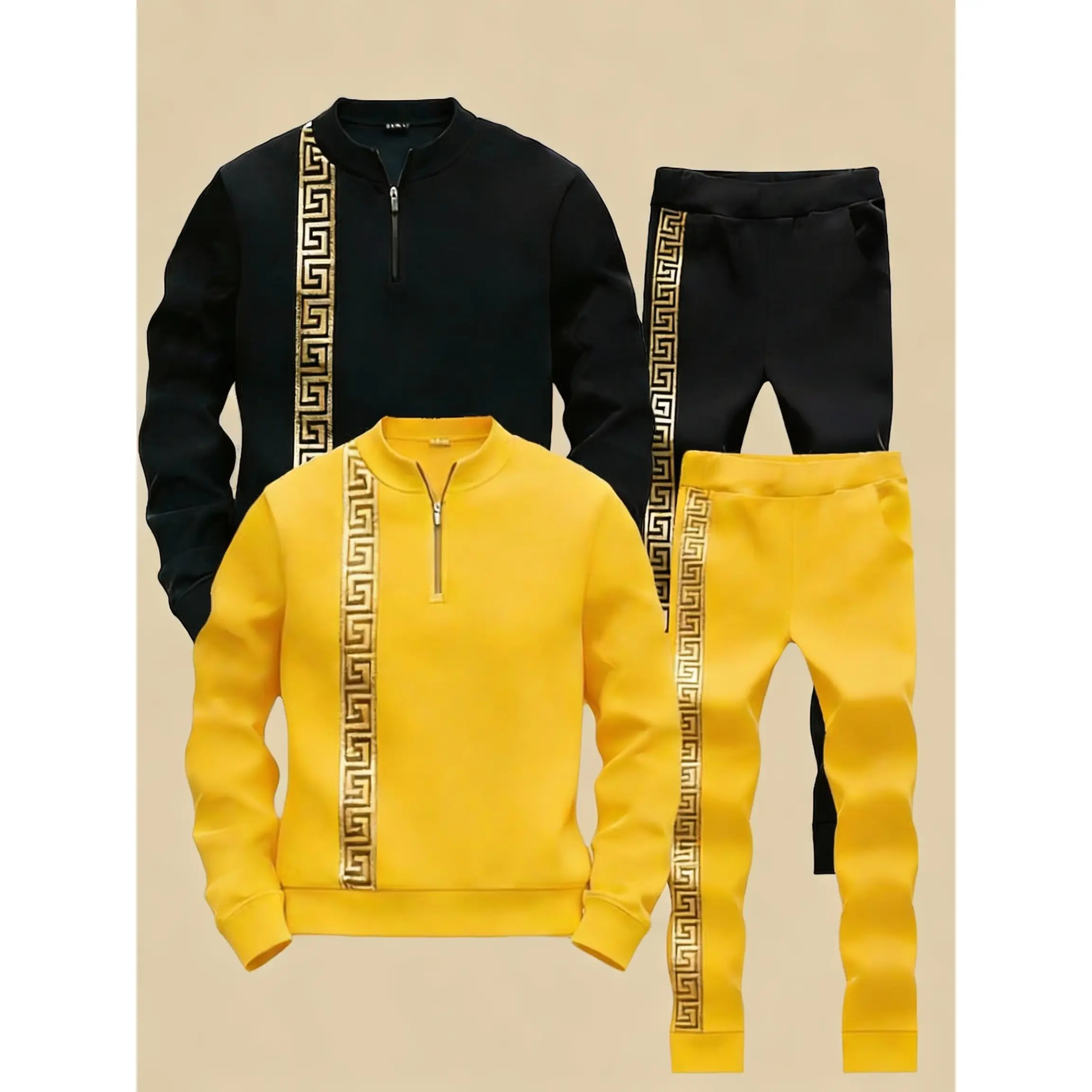 Men's Stylish Half-Zip Stand Collar Tracksuit - 2-Piece Set with Classic Greek Key Trim