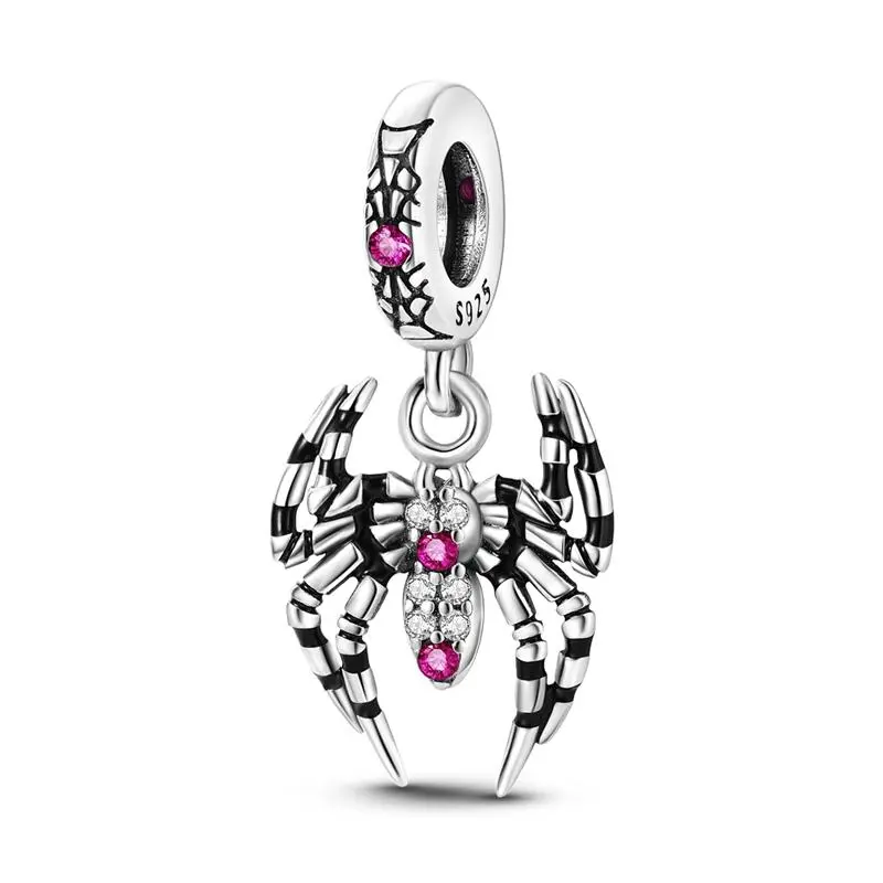 MULA Moonlight Weaver Charm, S925 Silver Black Enamel Spider Dangle, Pink CZ Dewdrop Web Bead, Midnight Garden Memory for Pandora, Witch Apprentice Keepsake, Halloween Night Magic Jewelry, Shadow Sister Gifts for Her