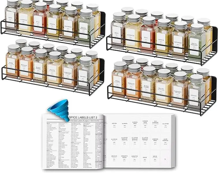 Neatsure 4 Pack Magnetic Spice Rack with 48 Spice Jars, 400 Spice Labels and Funnel, Alternative to Magnetic Spice Tins Containers, Refrigerator Fridge Shelf Organizer