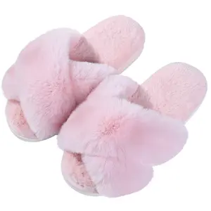 CB-Women's Fuzzy Slippers Cross Band Memory Foam House Slippers Open Toe