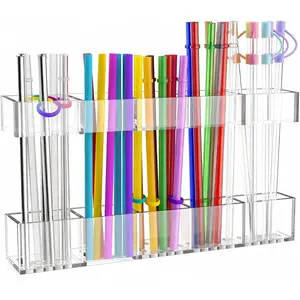 Straw Holder, 9.5inch Large Adjustable Straws Organizer Storage,  Tumbler Straw Storage Dispenser Straws with Ultra Sticky Adhesive Strips for Kitchen Cupboard Door(Transparent)