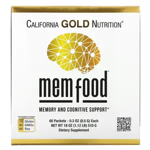 California Gold Nutrition MEM Food, Memory & Cognitive Support with MEM Blend, L-Serine, Organic Lion's Mane and Blueberry Juice Powder, 60 Packets, 0.3 oz (8.5 g) Each