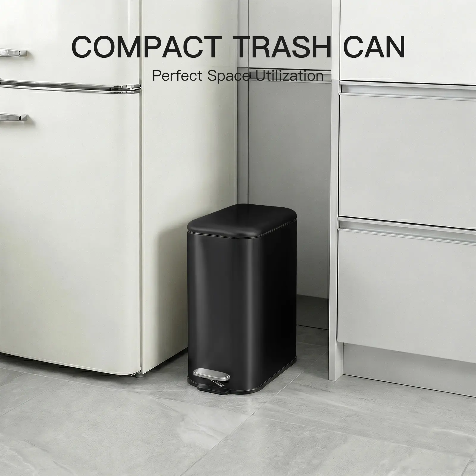 3.2 Gallon (12L) Compact Stainless Steel Indoor Trash Can, Sturdy Step-On Pedal with Removable Inner Bucket & Portable Carry Handle, Slim Metal Waste Bin for Kitchen, Bathroom & Home Office, Silver, Foot Pedal