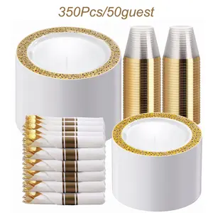 50 Guests Dinnerware Sets, Gold Plastic Plates，Platos Para Fiestas Elegantes Desechables Include:50 Dinner Plates, 50 Dessert Plate, 150 Pcs Gold Plastic Silverware, 50 Cups for Party