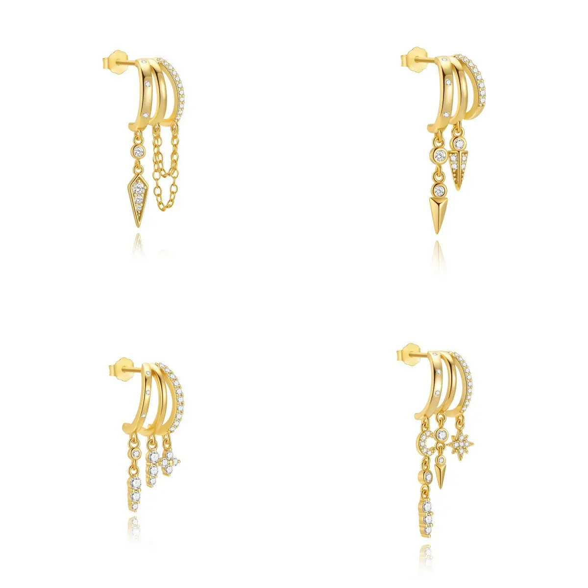 Rexviao Stud Earrings for Women, Dangly Tassel Chain with Celestial Star Moon Charms & Cubic Zirconia, Single Piercing 3-Loop Stacked Look, Gift for Her, Dangly Earrings, Geometric Tassel Earrings