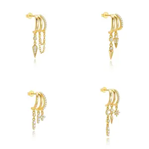 Rexviao Tassel Chain Stud Earrings - Star, Moon, Cubic Zirconia Accents, 3-Loop Design for Single Piercing, Earring Stack - Ideal for Daily Wear/Parties, Thoughtful Jewelry Gift for Girlfriend