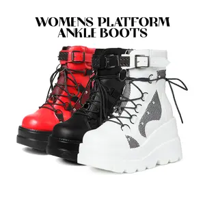 CYNLLIO Platform Ankle Boots for Women Chunky High Heel Booties Goth Round Toe Combat Boots Women Lace up Motorcycle Wedges Spring Shoes