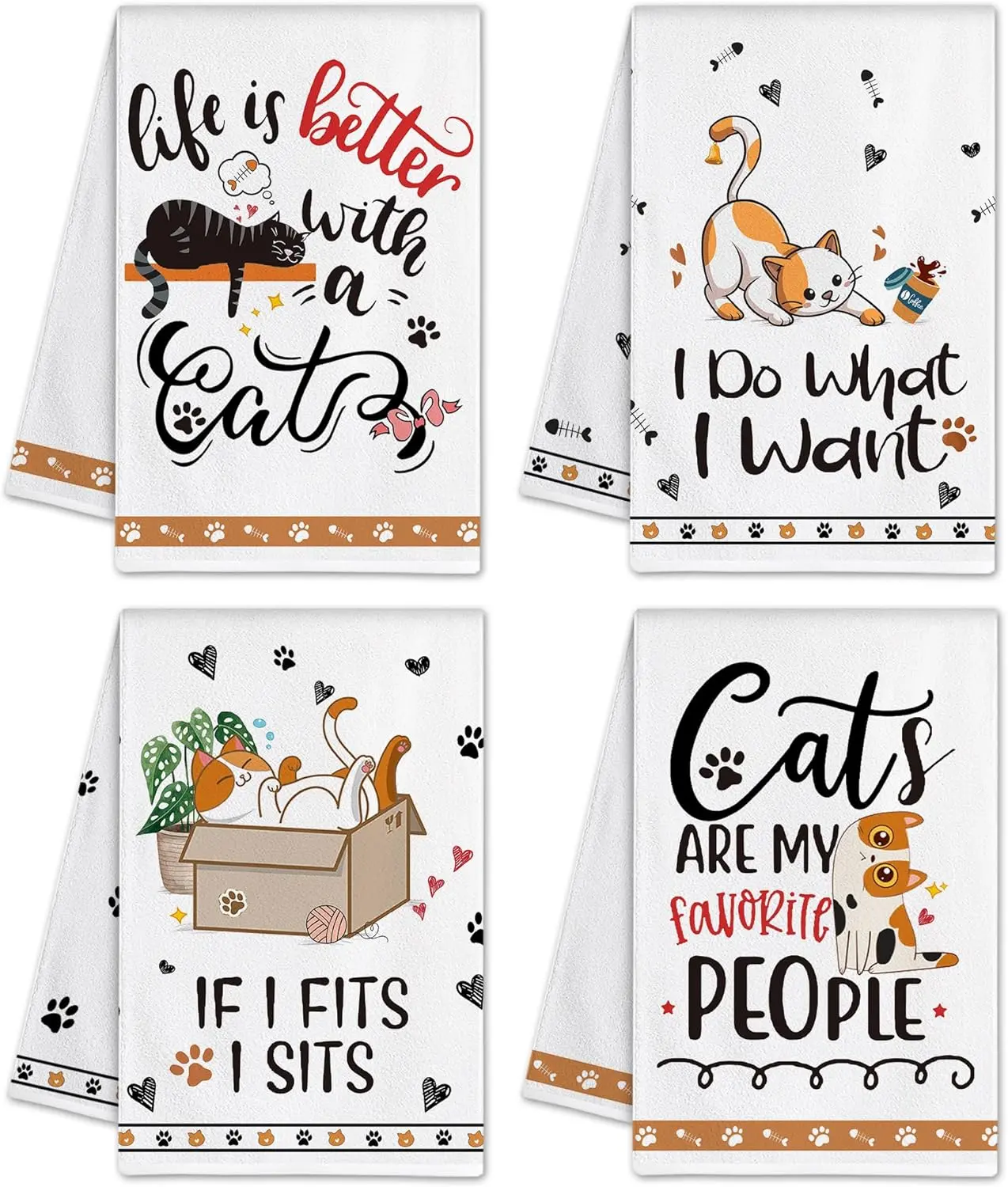 Cat Decor Towels Set of 4, Cat Lover Gifts for| Funny Cute Housewarming Dish Hand Tea Towels for Home Living Room Decor