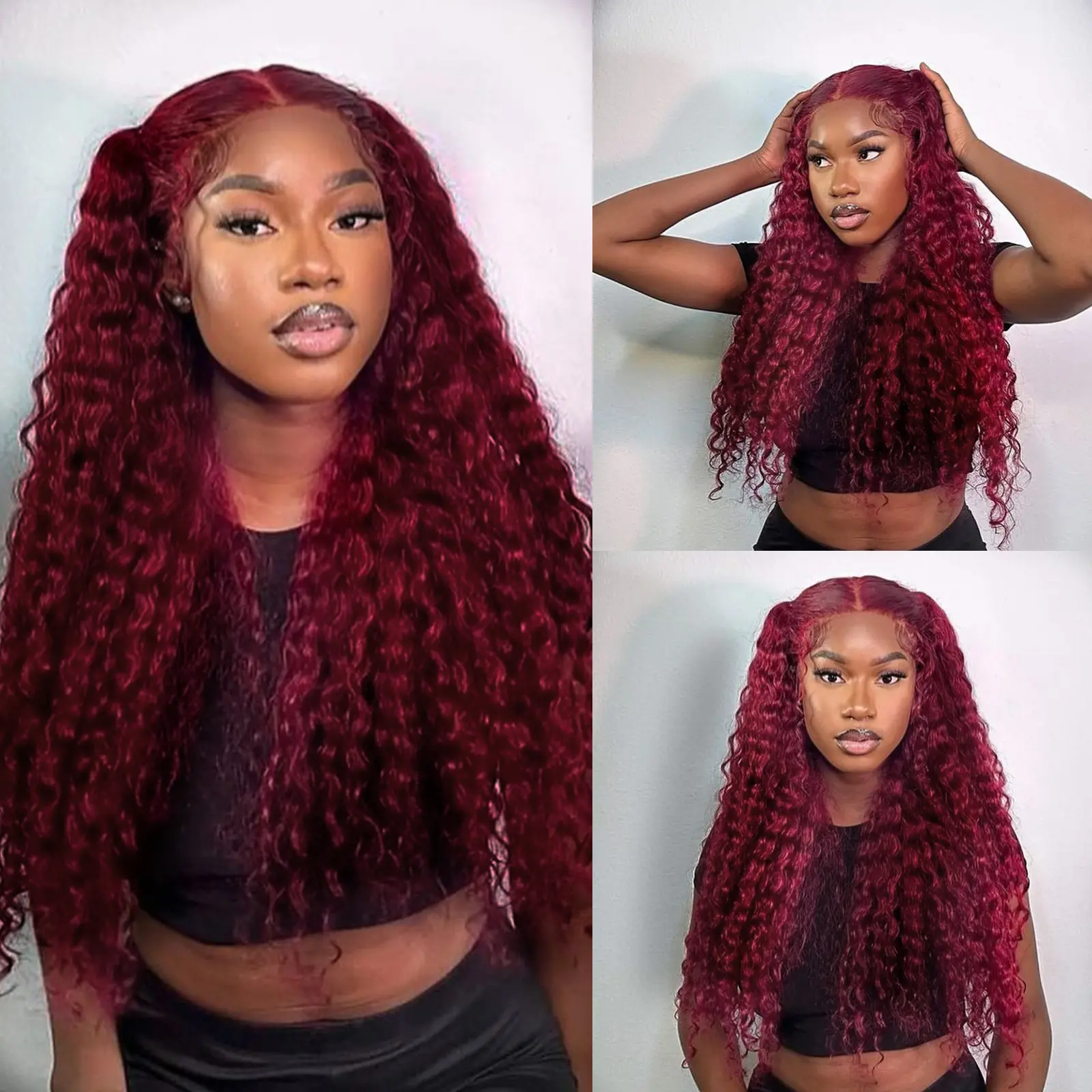 Aodbar 32-inch Burgundy 99j Colored Glueless Heat Resistant Synthetic Lace Front Wig for Black Women, Middle Part Loose Deep Wavy Long Curly Wig, Deep Wavy Wigs
