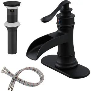 Matte Black Waterfall Bathroom Sink Faucet 1 Hole or 3 Hole, Single Handle Lavatory Faucet with Brass Pop-Up Drain and Water  Lines