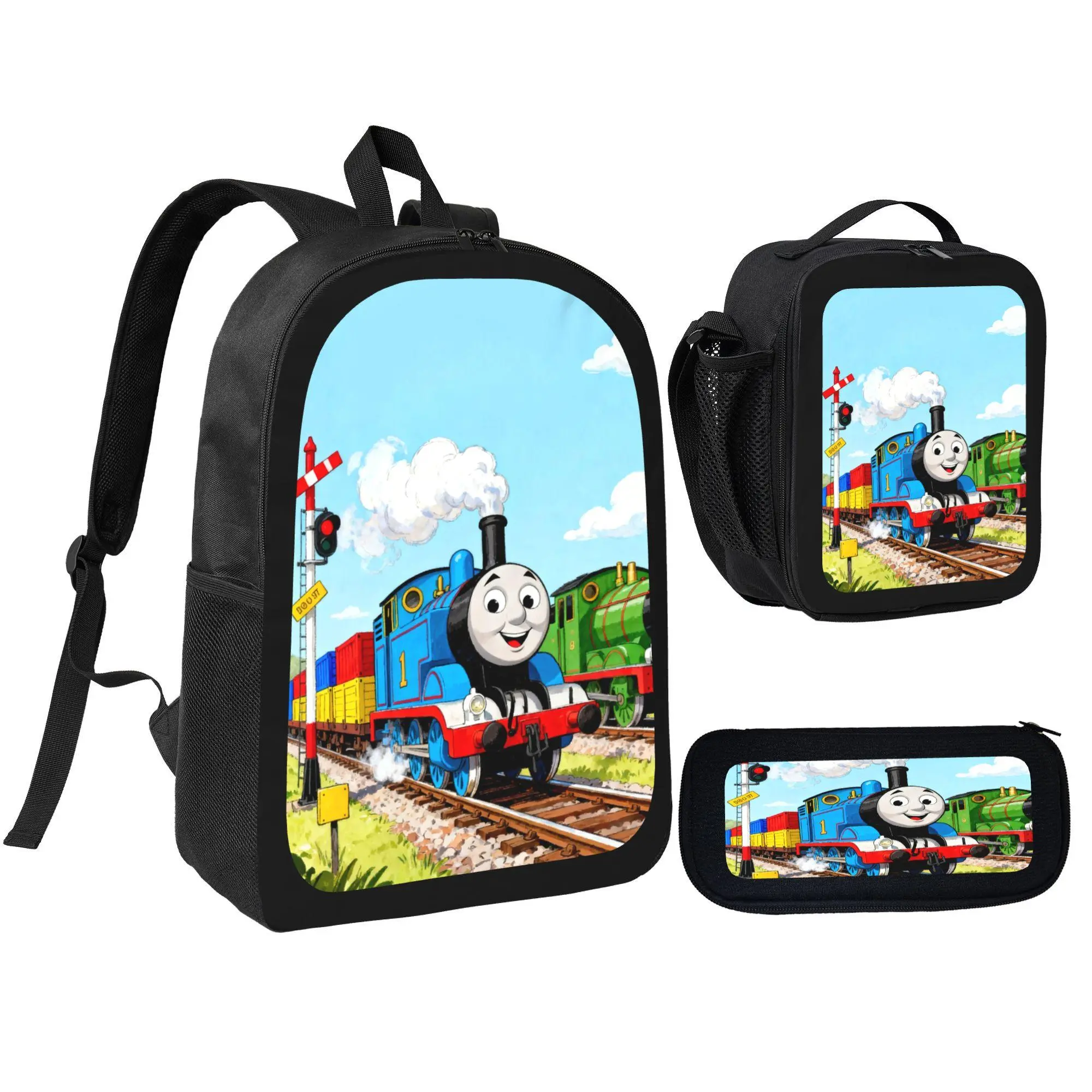 [3Pcs Unisex Thomas The Tank Engine Train Print Character Art Set Pack] Kids' School Backpack, Lunch Box, Pencil Pouch For Students