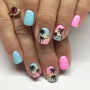 Tropic Hue Press On Nails | CurvLife Nail | 24pcs Medium Square Fake Nails | Glossy Finish with Palm Tree Designs & Gradient Colors | Easy to Apply, Comfortable & Long-Lasting | Great for Beach Trips, Summer Parties, Casual Days & Tropical Events