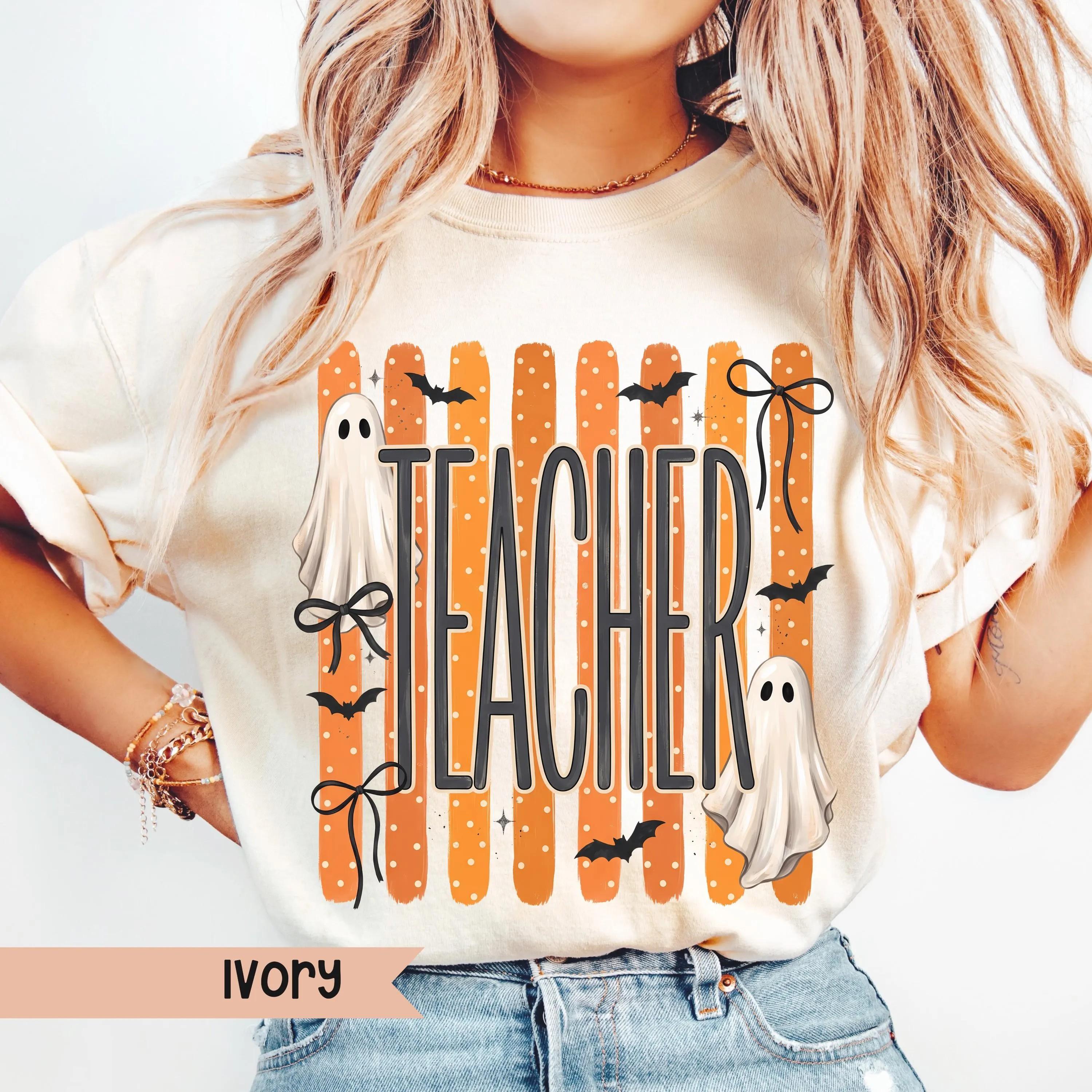 Comfort Colors Spooky Teacher Halloween T-Shirt, Striped Ghost Teacher Tee, Cute Fall Autumn School Classroom Apparel, Spooky Season Educator Top, Spooky Halloween Gift for Teacher, Cute Ghost Graphic Tee, Spooky Teacher Outfit for Women