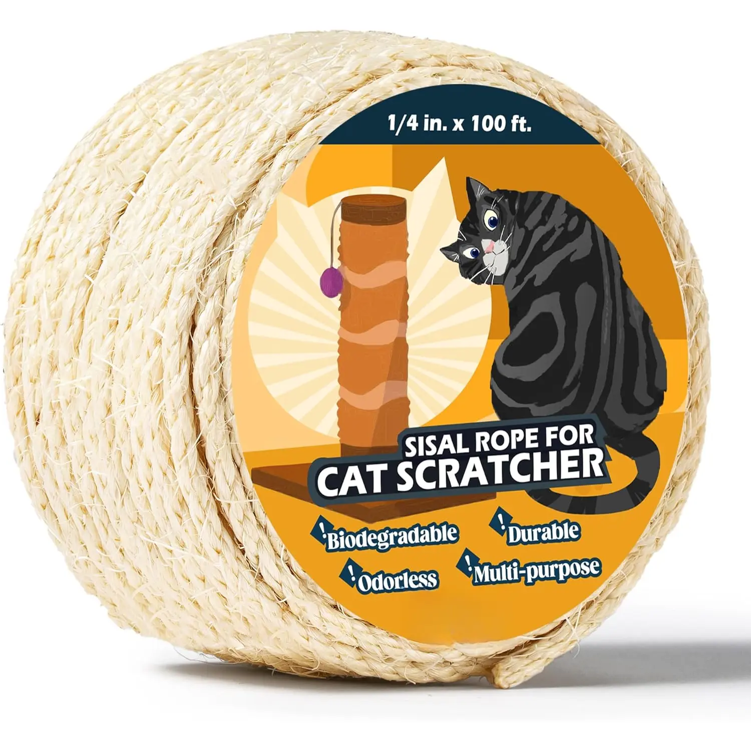 Sisal Rope for  Scratcher 1/4 Inch by 100 ,  Tree Rope Twine for    Replacement,  Tower with Scratch  Repairing, Replace, Recovering and DIY, White