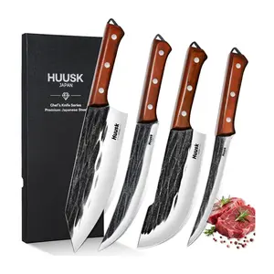 Huusk knives Butcher Knife Set, 4 PCS Hand Forged BBQ Knife Set for Meat Cutting, Sharp Meat Carving Breaking Knives with Ergonomic Ha