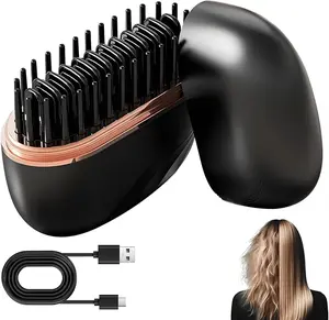Mini Hair Straightener, Rechargeable Portable Hair Straightener Brush, Fast Heating Hot Comb 3-Speed Temperature Control for Home Travel