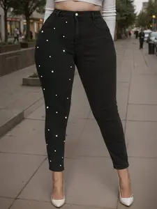 Women's High-Waisted Straight-Leg Pearl Denim Jeans, Shiny Design, Perfect for Parties & Daily Wear, Comfortable Fit, Urban Style, All Seasons