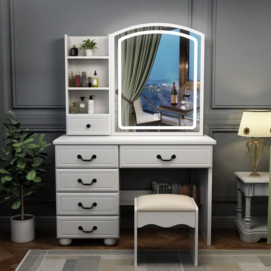 Elegant Vanity Desk With Lighted Mirror, 6 Drawer White Dressing Table Set For Bedroom, Features Adjustable 3-Color LED Lights, Perfect Makeup Vanity With Storage, Classic Makeup Vanities, Glowing Light Makeup Vanities