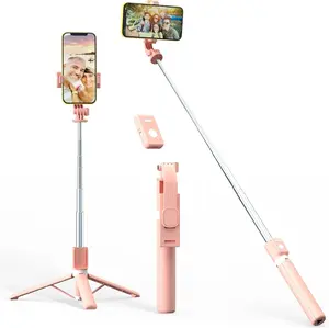 44 inch Bluetooth Selfie Stick Tripod with Remote for iPhone 14 13 12 11 Pro Max Samsung Galaxy S22 S21 Android - Pink - Cellphone,