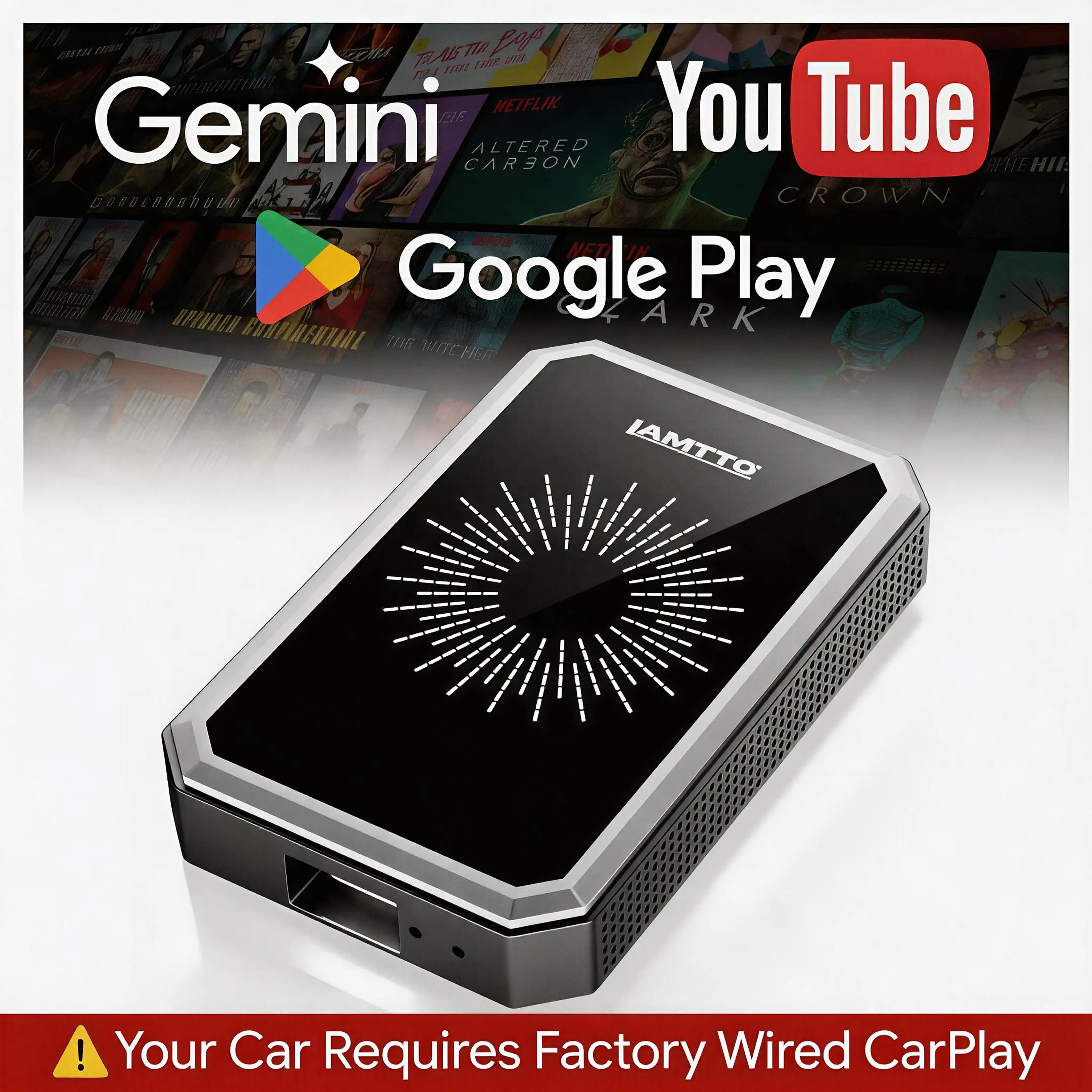 LAMTTO Gemini AI Wireless CarPlay Adapter with Built-in Google Play (Supports Downloading Netflix/YouTube/TikTok), for Vehicles with Factory Wired CarPlay/Android Auto[No pre-2016 Support],Android AI Box – Turn Your Car Screen into a Smart Tablet