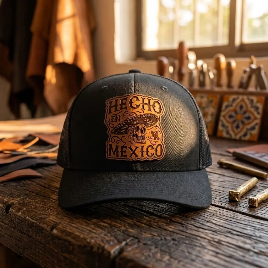 HECHO EN MÉXICO Mexican Leather Patch Hat, Mexican Style Trucker Hat, Cinco De Mayo Cap, Gift For Wife From Husband, Gift For Husband From Wife, Romantic Couple Hat, Anniversary Gift, Richardson Style Cap