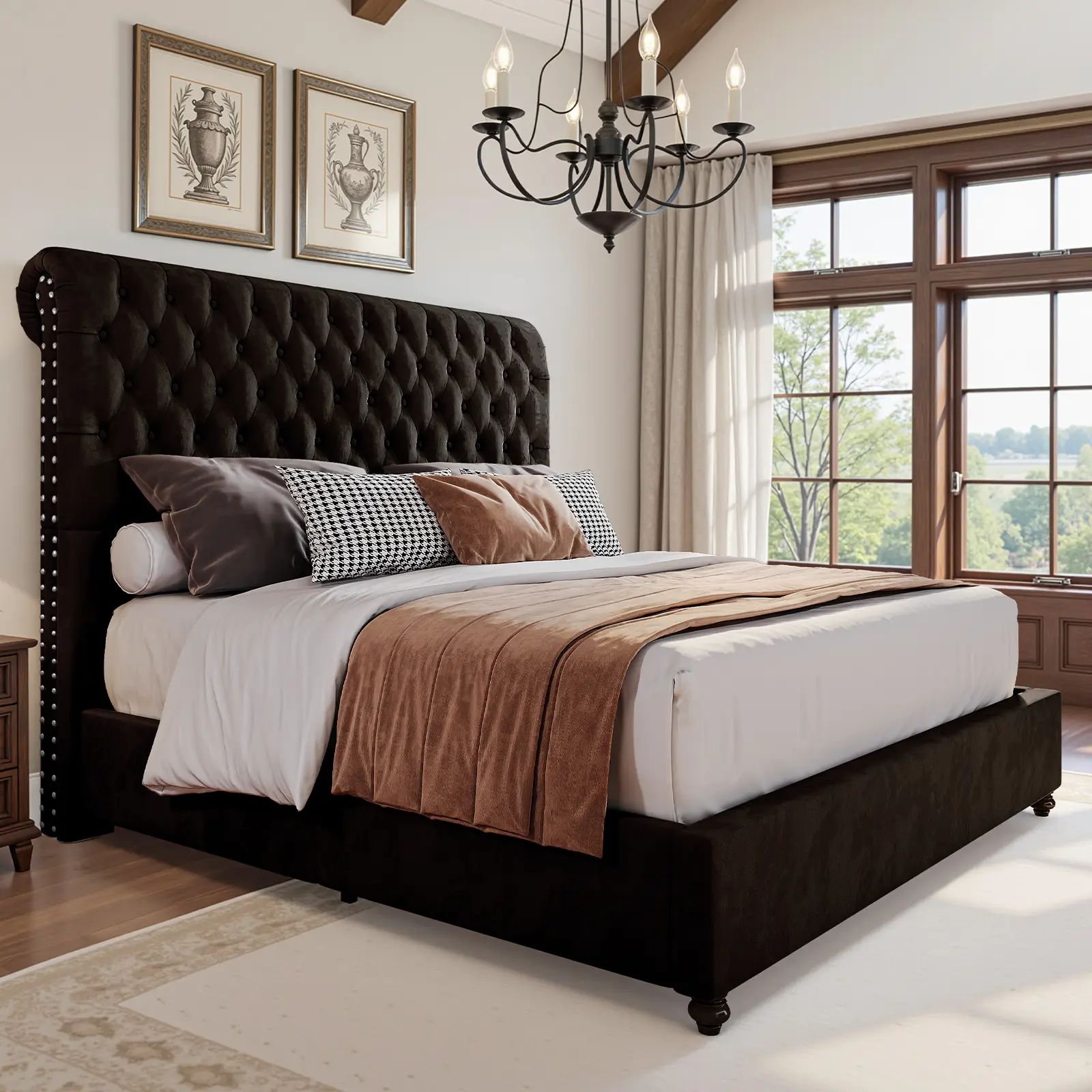 ALBOTT Bed Frame 52.8" Sleigh Headboard, Velvet Upholstered,  Velvet Deep Button Tufted, Handcrafted Pleats, Noise-Free, No Box Spring Needed, Wood Slats, Solid Wood Legs, Easy Assembly