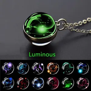 Glow-in-the-Dark Zodiac Pendant Necklace – Starry Sky Glass Ball with Luminous Constellation Design, Fashionable Zinc Alloy Jewelry for Men That Glows at Night