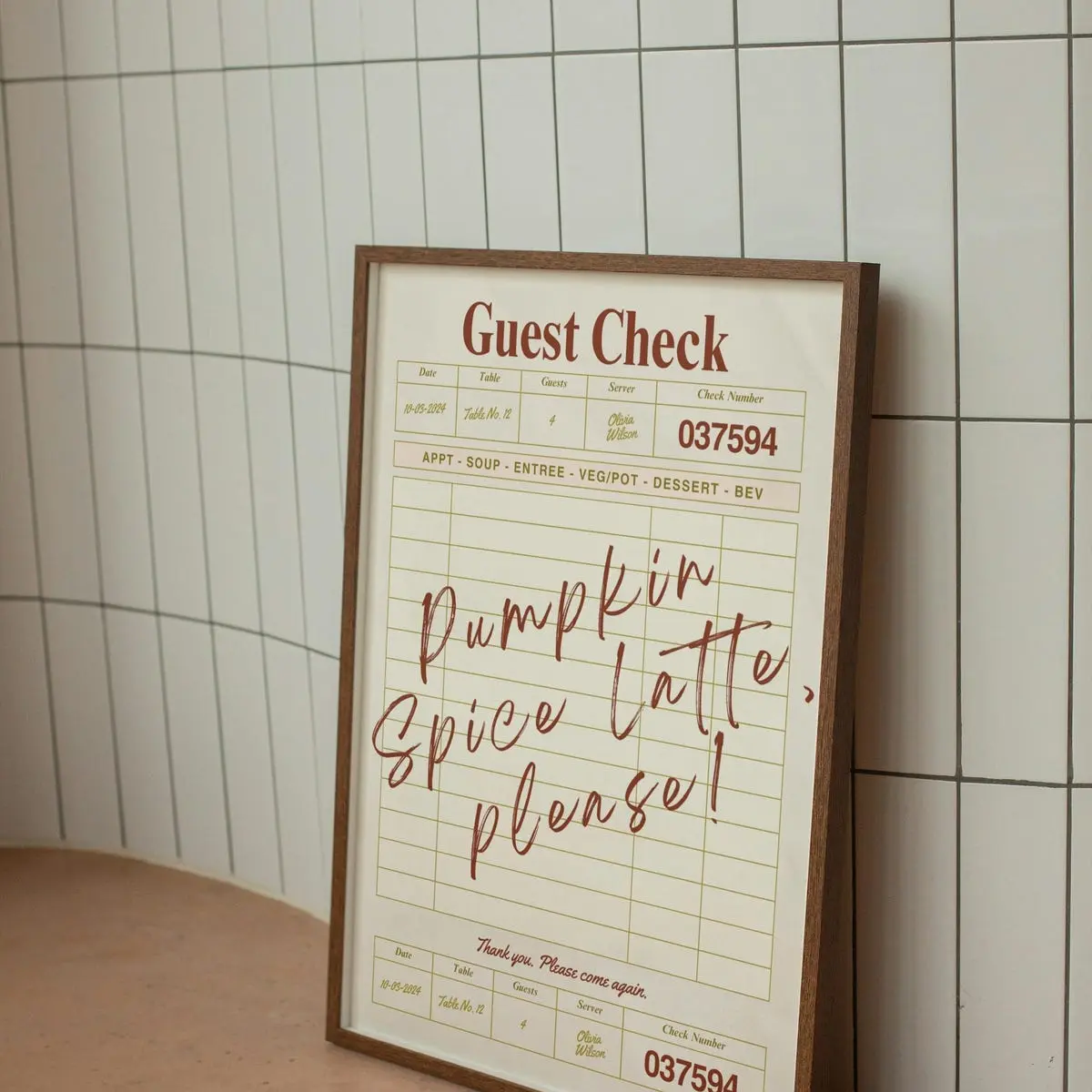 Pumpkin Spice Latte Guest Check, Fall Decor, Autumn Decor, Poster, Unframed 5 Size, 8x12 to 27x40 inch