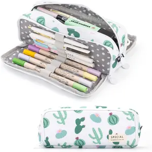 Large Pencil Case Big Capacity 3 Compartments Canvas Pencil Pouch(Green Cactus)