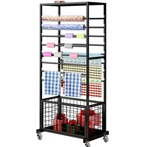 Ribbon Holder Organizer Rack, 16 Tier Ribbon Storage Organizer, Movable Metal Vinyl roll Storage with Storage Basket, Gift Wrapping Organizer Storage for Craft Room Flower Shop