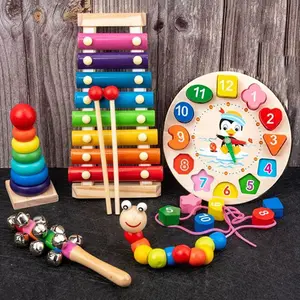 5 set Wooden Montessori Toys,Rattle Bell Beaded Rattle Drum Column Set,Musical Instruments,Early Childhood Education,toddler Toys, Baby,Christmas Gift