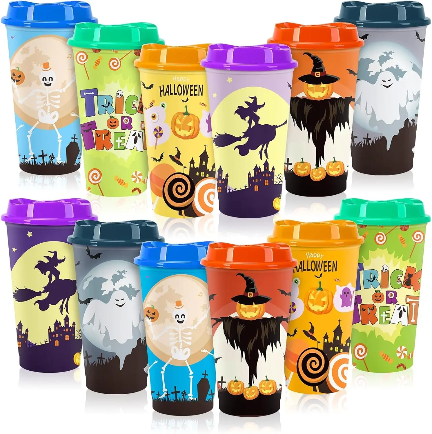 12pcs Halloween Color Changing Cups, 16Oz Reusable Plastic Coffee Cups with Lids for Party Decorations Halloween Cups for Party Favors Supplies