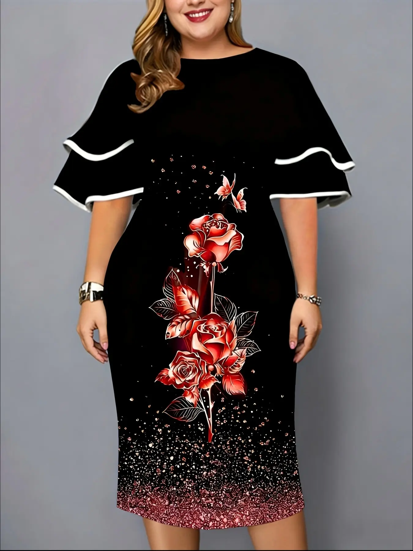 Elegant Plus Size Rose Print Midi Dress, Chic, Multicolor Floral Pattern with Round Neck, Pleated Sleeves and Back Slit, Perfect for Parties and Evening Wear