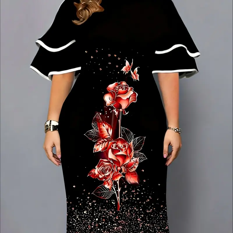 Elegant Plus Size Rose Print Midi Dress, Chic, Elegant Floral Design, Multicolor Floral Pattern with Round Neck, Pleated Sleeves and Back Slit, Perfect for Parties and Evening Wear