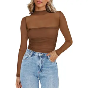 Womens Mesh Sheer Long Sleeve Top Mock Turtle Neck See Though Shirts Ruched Sexy Casual Going Out BlousesGift