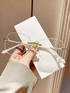 Women's Metal Square Frameless Glasses, High-End Elegant Hong Kong Style, Fashionable Eyewear for Daily Commute College Wear, Trendy Casual Eyeglasses